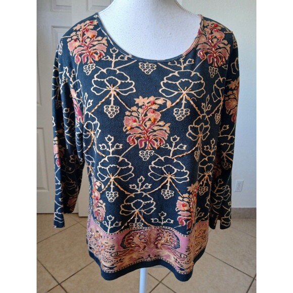 Women's Jane Ashley 3/4 Sleeves Top Blouse Large Multicolor Beaded Scoop Neck - Picture 1 of 16